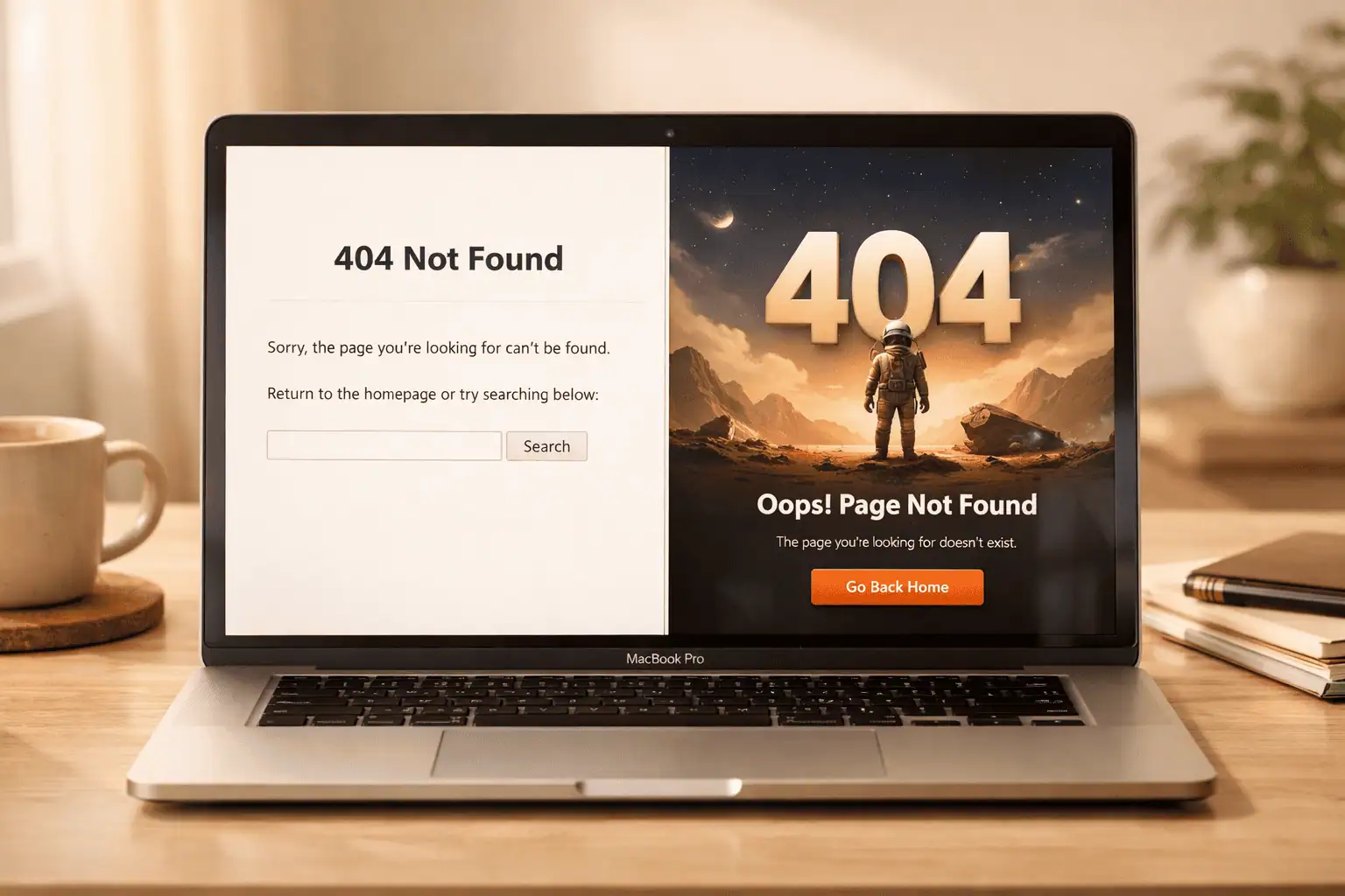 Image showing the comparison of generic 404 page vs a professionally designed 404 page