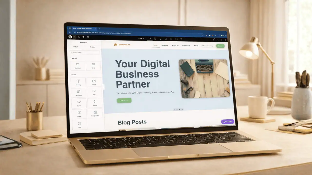 Image showing Elementor interface open on a laptop screen.