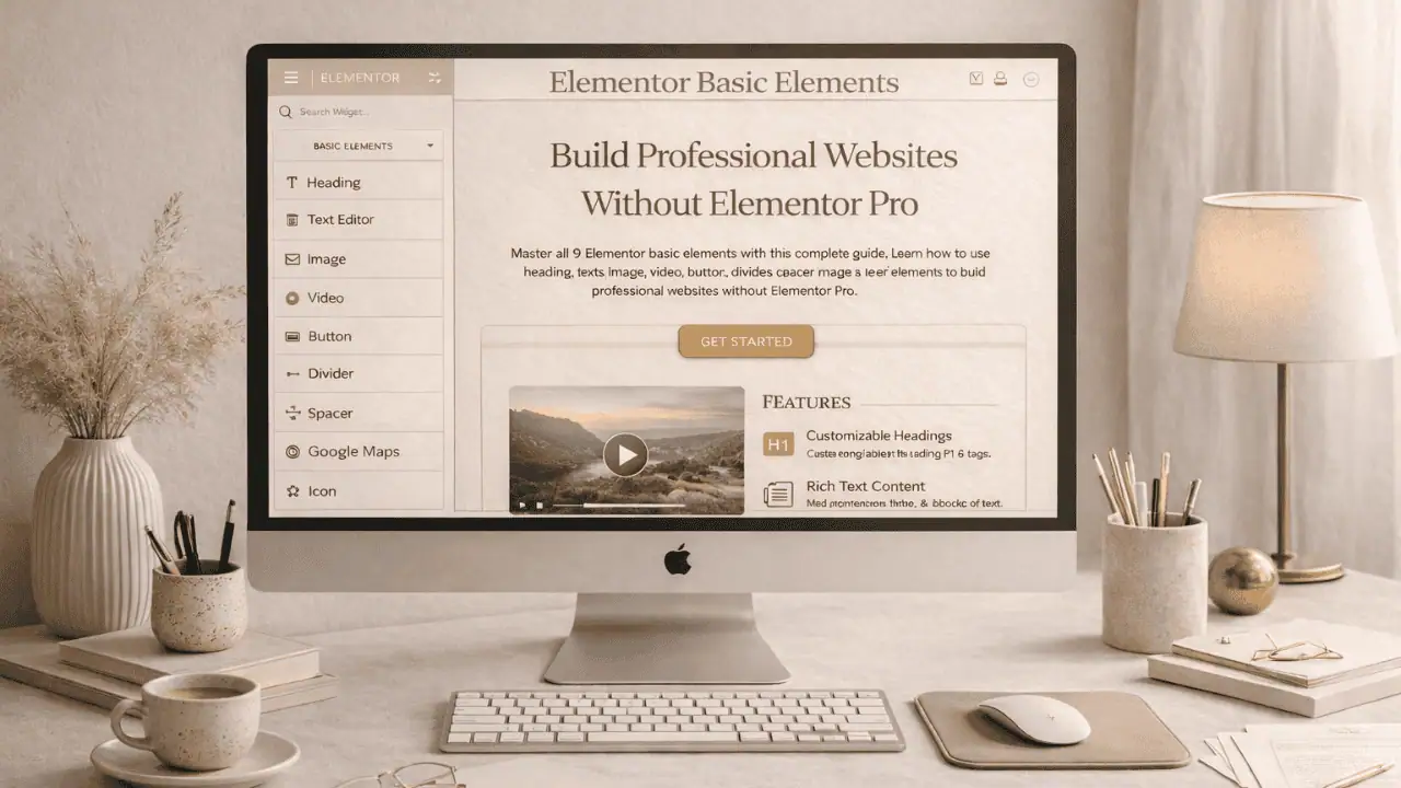 Image representing elementor dashboard on a computer screen showing the 9 basic elementor elements