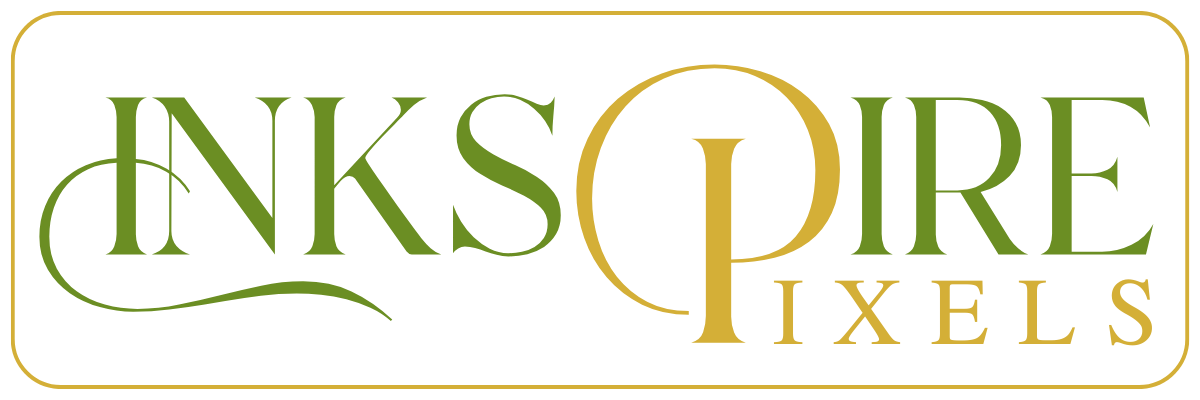 Rectangle logo with olive and gold text and no background