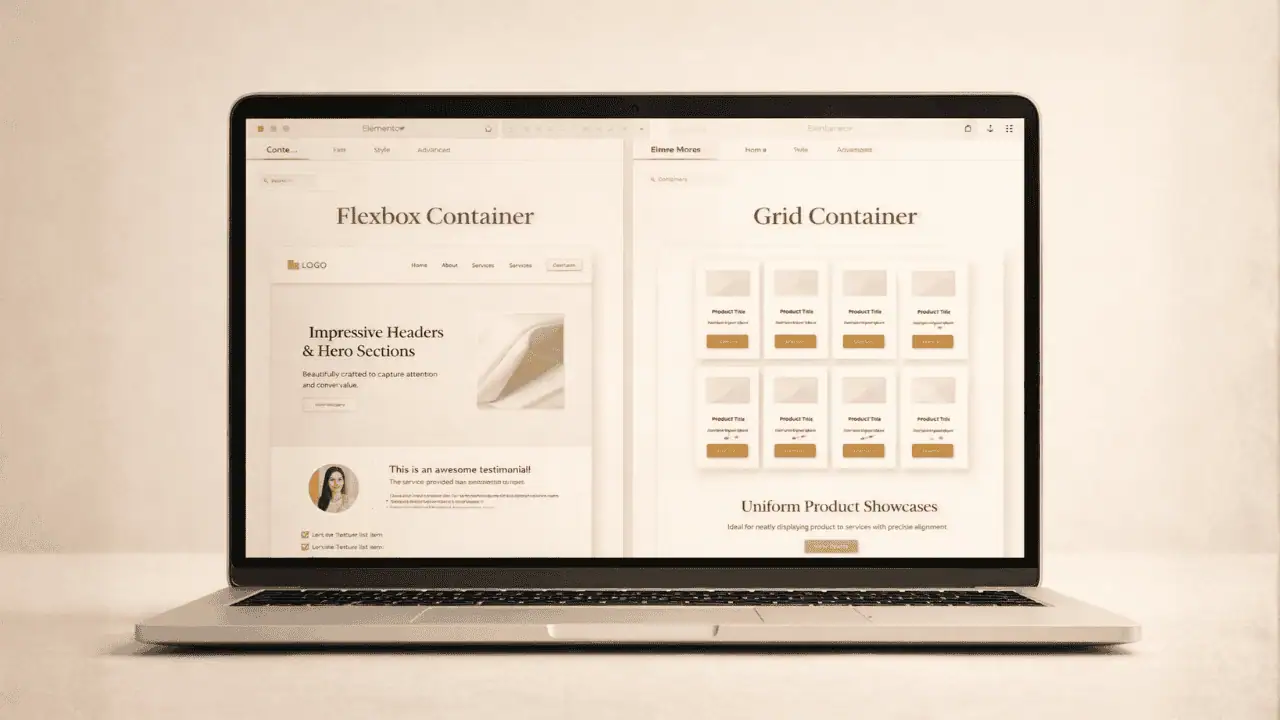 Image of a laptop showing the difference between Flexbox and Grid Containers on its screen